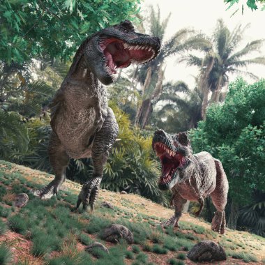 T rex fight in jungle . This is a 3d render illustration.
