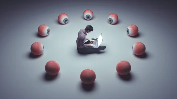 Man Working Laptop While Eyes Watching Social Media Reach Target — Zdjęcie stockowe