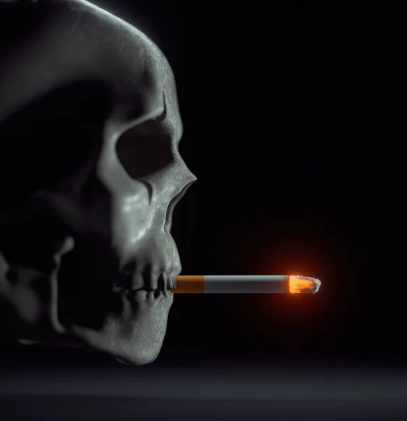 Human skull smoking a cigarette . Smoke addiction concept . This is a 3d render illustration.