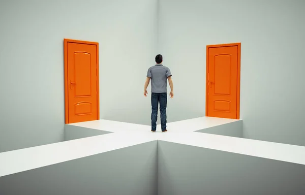 站在两扇门之间的人 机会和选择的概念 这是一个3D渲染说明 — 图库照片