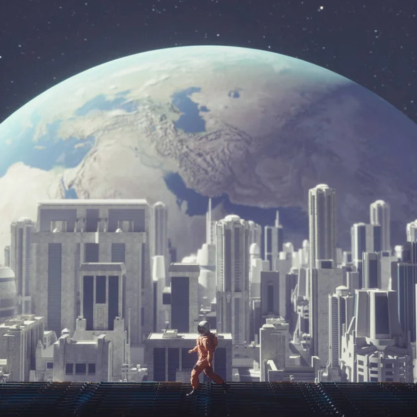 Астронавт Ходит Строению Перед Землей Городом Космосе Render Illustration — стоковое фото
