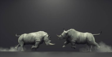 Siyah stüdyo arka planında iki gergedan ücreti. Bu 3 boyutlu bir çizim..