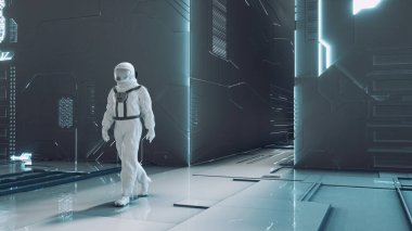 Fütürist bir binada astronot. Yapay zeka ve sanal gerçeklik kavramı. Bu 3 boyutlu bir çizim..