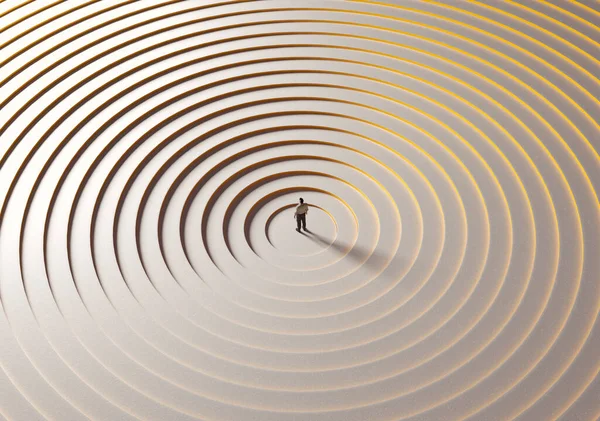 男は円筒形の階段の中央に立っている 進歩と自己開発の概念 これは3Dレンダリング図です — ストック写真