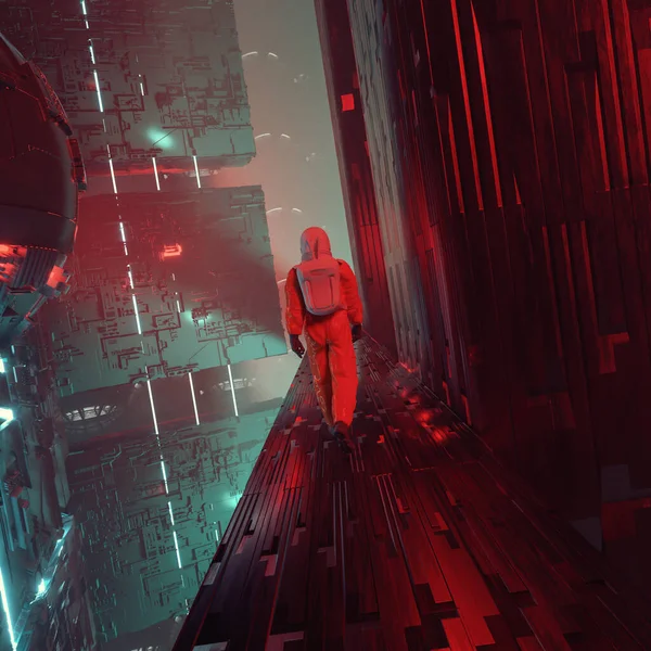 Astronaut Walks Futuristic City Neon Lights Future Technology Meta Concept — Foto de Stock