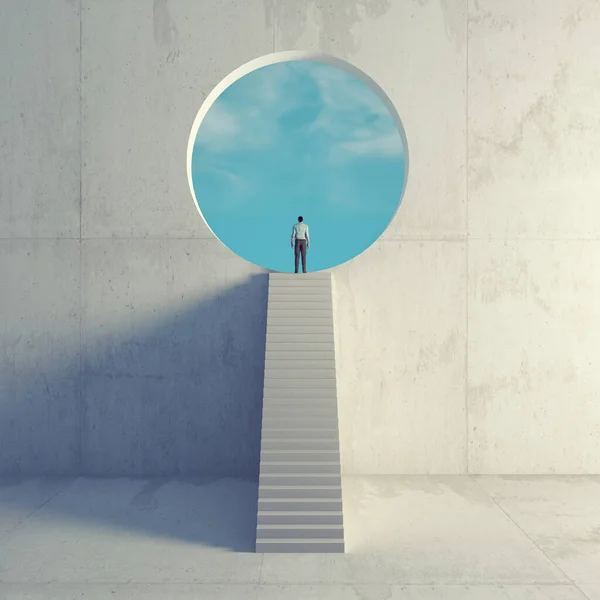 Man Top Concrete Stairs Front Wall Hole Sky Aspirations Journey — Stock Photo, Image