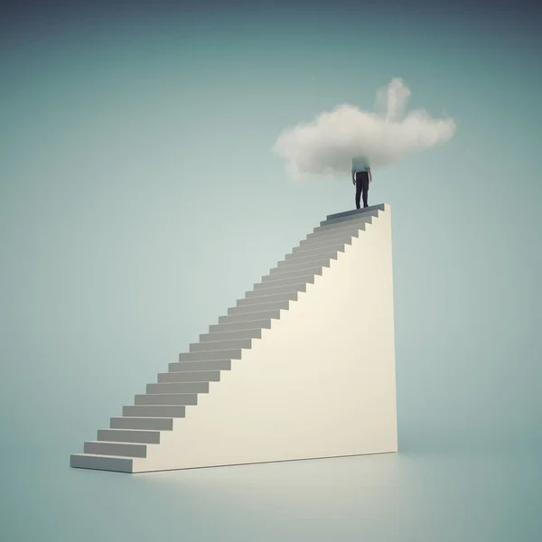 Άνθρωπος Στην Κορυφή Της Σκάλας Ένα Σύννεφο Όνειρο Μεγάλη Και — Φωτογραφία Αρχείου