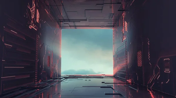 Futuristic Dark Tunnel Neon Lights Sci Corridor Render Illustration — Stockfoto