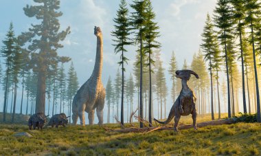 Dağlardaki dinozorlar. Bu 3 boyutlu bir çizim.