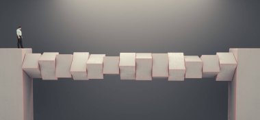 Adam bir engeli aşmak için riskli bir yola bakıyor. Risk alma ve seyahat konsepti. Bu 3 boyutlu bir çizim. .
