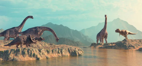 Dinozaury Przyrodzie Górach Jest Ilustracja Renderowania — Zdjęcie stockowe
