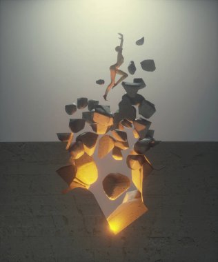 Kadın beton bir binadan fırlıyor. Özgür ve zihinsel konsepti bozmak. Bu 3 boyutlu bir çizim. . 