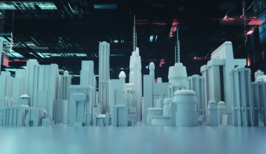 Veri ekranlı şehir. Sosyal medya ve ağ kurma kavramı. Bu 3 boyutlu bir çizim. .