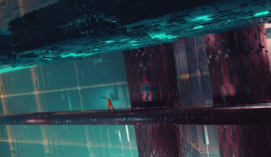 Astronaut walks on structure in a futuristic city . Dystopian and science fiction concept . This is a 3d render illustration . 