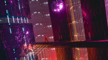 Astronaut walks on structure in a futuristic city . Dystopian and science fiction concept . This is a 3d render illustration . 