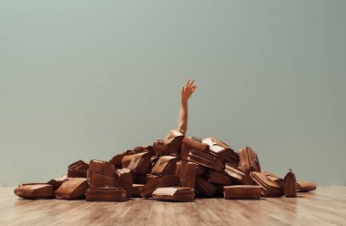 El bir çanta yığınından yükseliyor. İş başvurusu ve aday konsepti. Bu 3 boyutlu bir çizim..