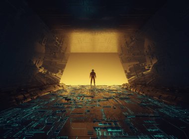 Gelecekçi uzay istasyonu ve bir astronot. Bilim kurgu ve fantezi konsepti. Bu 3 boyutlu bir çizim. .