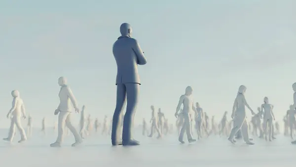 Leader standing in the middle of a crowd . Community and mindset concept . This is a 3d render illustration.