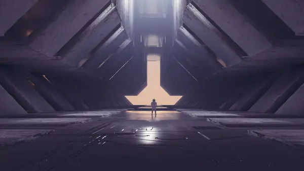 Astronot gökyüzüne doğru bir uzay istasyonunda yürüyor. Fütürist ve bilim kurgu kavramı. Bu 3 boyutlu bir çizim..