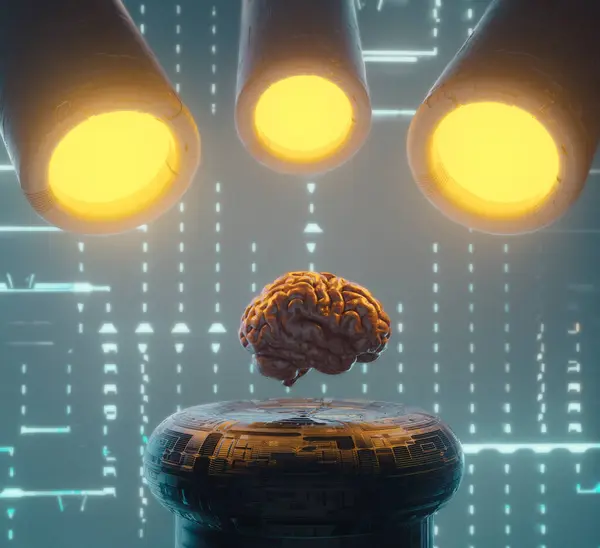 Futuristická Místnost Lidským Mozkem Neonovými Světly Koncepce Umělé Inteligence Vědeckého Royalty Free Stock Fotografie