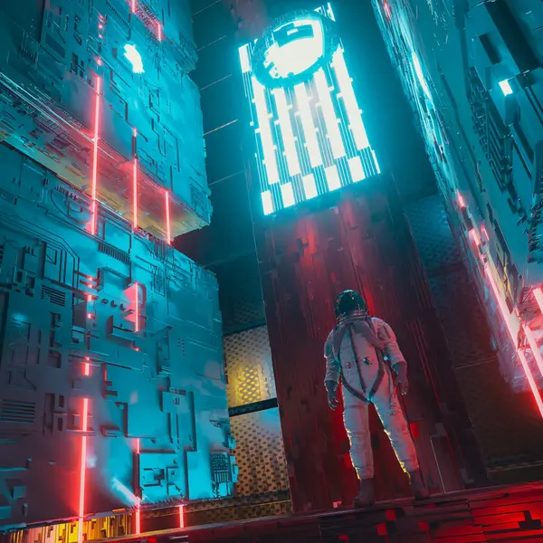 Űrhajós Áll Egy Színes Futurisztikus Városban Neonfényekkel Jövőbeli Technológia Meta Jogdíjmentes Stock Képek