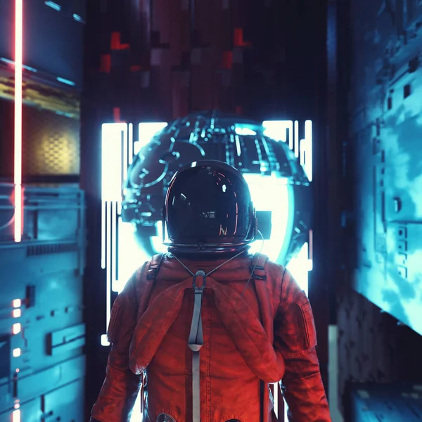 Astronaut Futuristickém Neonovém Pozadí Sci Technologický Koncept Toto Ukázka Vykreslování Stock Fotografie
