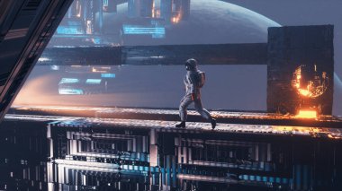 Astronaut walks on futuristic structure in the space . Sci fi and futuristic concept . This is a 3d render illustration.