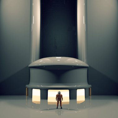 Astronaut in a futuristic building . Artificial intelligence and virtual reality concept . This is a 3d render illustration. clipart