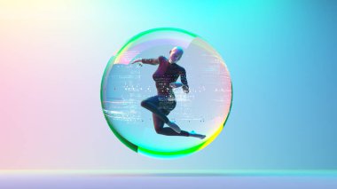 Bir kürenin içindeki veri bilgileriyle soyut bir kadın. Derin öğrenme ve yapay zeka kavramı. Bu 3 boyutlu bir çizim. .