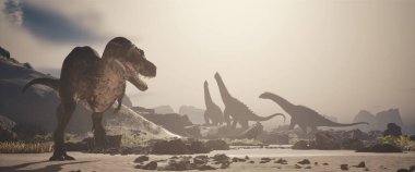 Bir T-Rex kayalık arazide belirgin bir şekilde duruyor, uzaktaki birkaç yüksek Sauropod 'a bakıyor. Bulanık gökyüzü bu antik ortama gizemli bir hava katıyor. Bu 3 boyutlu bir çizim.