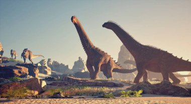 Arka planda daha küçük dinozorlar görülürken kayalık arazi üzerinde iki devasa dinozor kulesi var. Güneş batıyor, canlı bitki örtüsüne ve taşlara sıcak bir ışık tutuyor. Bu 3 boyutlu bir çizim.