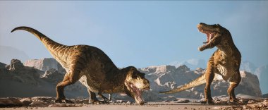 İki büyük dinozor, açık mavi gökyüzünün altındaki kayalık bir arazide şiddetle kükreyerek birbirleriyle yüzleşiyorlar. Bu da tarih öncesi dünyalarında bir karşılaşma olduğunu gösteriyor. Bu 3 boyutlu bir çizim.