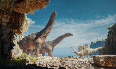 İki dev uzun boyunlu dinozor kayalık bir çıkıntının kenarında otlarken dikenli bir dinozor da güneşli bir gökyüzünün altında uzaktan gözlemliyor. Bu 3 boyutlu bir çizim.