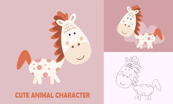 Coloriage Animaux Mignons Pour Les Enfants Avec Contour Cheval — Image vectorielle