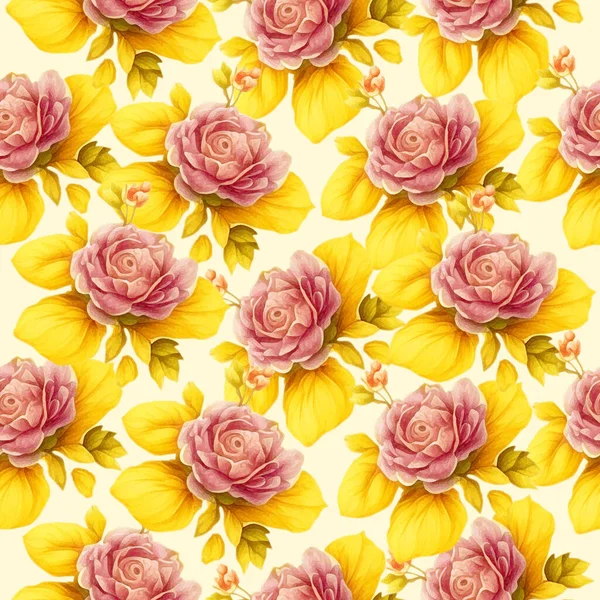 美丽的黄花水彩画无缝图案 图库矢量图片