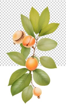 Şeffaf arkaplanda yapraklı ve taze yeşil dallı gerçekçi kayısı meyvesi