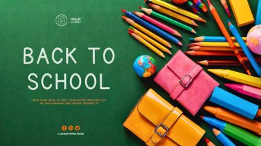 Eğitici etkinlikler için yeşil ve turuncu renkler kullanan, minimalist bir arkaplan üzerine çizimler, hesap makinesi ve küre içeren parlak bir afiş..