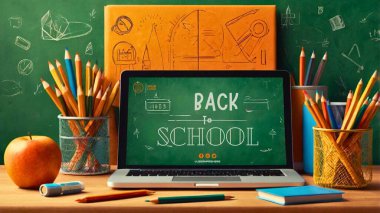 Okul etkinlikleri ve akademik kutlamalar için tasarlanmış, yeşil ve turuncu renk paletiyle eğitim ve yeni başlangıçların vurgulandığı minimalist bir arka plana sahip..