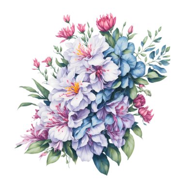 Şeffaf arkaplanda bahar çiçekleri olan suluboya buket