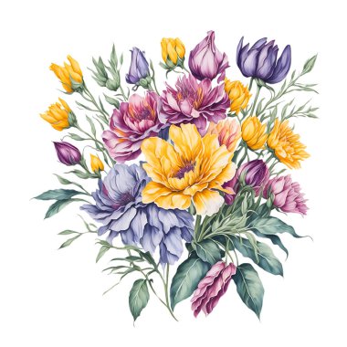 Şeffaf arkaplanda bahar çiçekleri olan suluboya buket