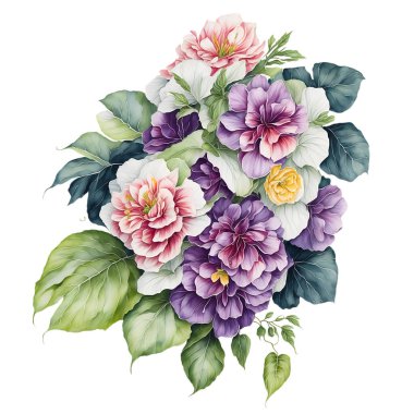 Şeffaf arkaplanda suluboya şeklinde çiçek buketi