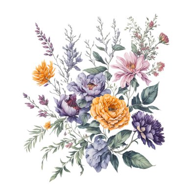 Şeffaf arkaplanda suluboya şeklinde çiçek buketi