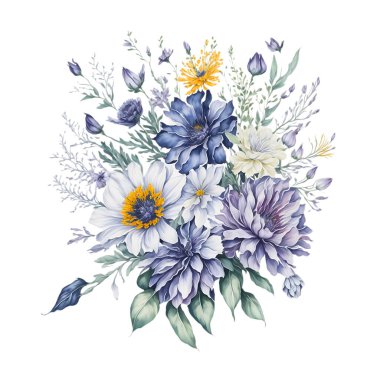 Şeffaf arkaplanda suluboya şeklinde güzel bir çiçek buketi.