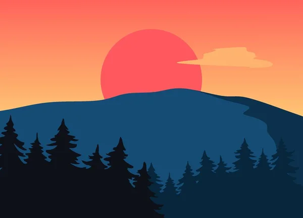 Belle Vue Sur Forêt Avec Soleil Rouge — Image vectorielle
