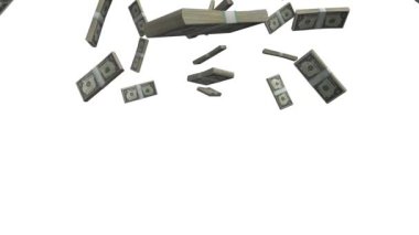 Bir dolarlık banknotlar yukarıdan büyük miktarlarda ve beyaz arkaplanda düşüyor.