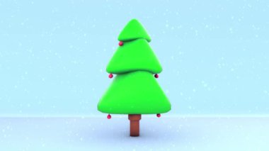 Mavi arka planı ve düşen karla dönen Noel ağacı