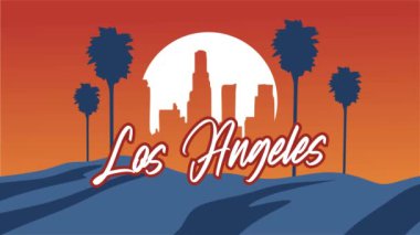 Los Angeles California Şehir silueti ve palmiye ağaçları ile