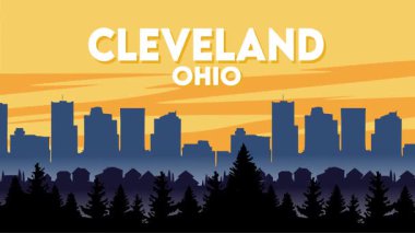 Cleveland Ohio şehir manzaralı silueti ile