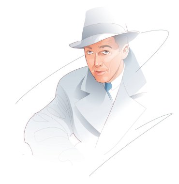 Digital illustration of actor James Steward. American classic cinema. Dressed in a raincoat and hat, on a white background.