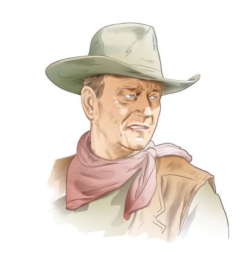 Digital illustration of actor John Wayne. American classic cinema. Dressed in cowboy hat and clothes, looking to the side on white background. clipart